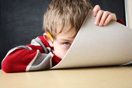 photo showing a frustrated child with his head in a school book