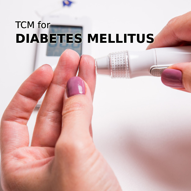 photo of a person that is pricking their finger to test blood sugar with text that says tcm for diabetes mellitus